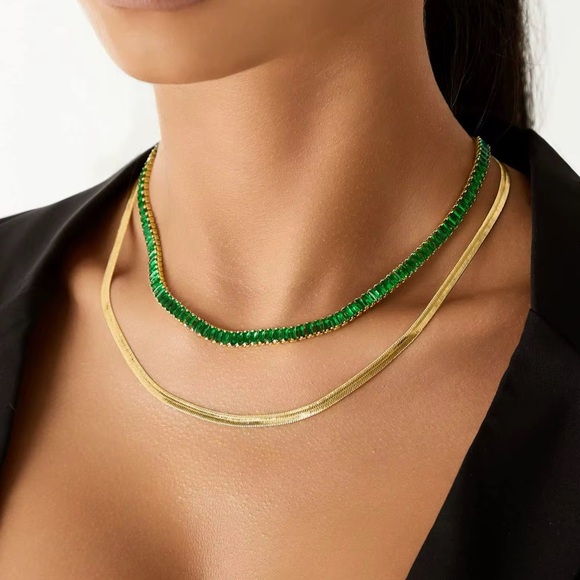 18K Gold Plated Green Tennis Chain Necklace - Picture 7 of 9